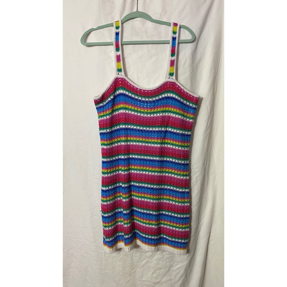 Gap Multi Color Rainbow Stripe Crochet Mini Dress Sleeveless Cotton L